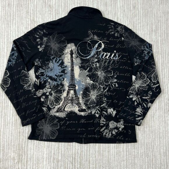 VINTAGE Jess & Jane Black Graphic Paris Crystal Rhinestone Sweatshirt Zip XL - Picture 3 of 7
